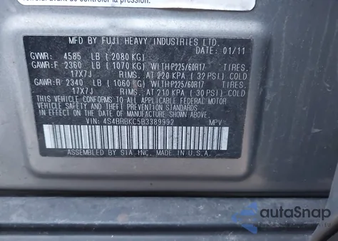 2011 Subaru Outback 2.5I Limited from USA, damaged, VIN 4S4BRBKC5B3389992